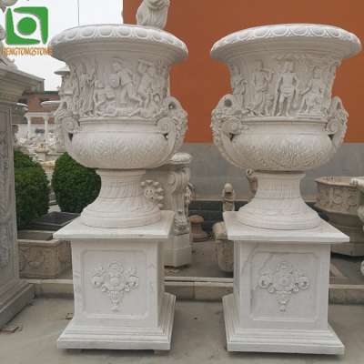 Quyang Carving White Marble Flowerpot For Garden Decoration