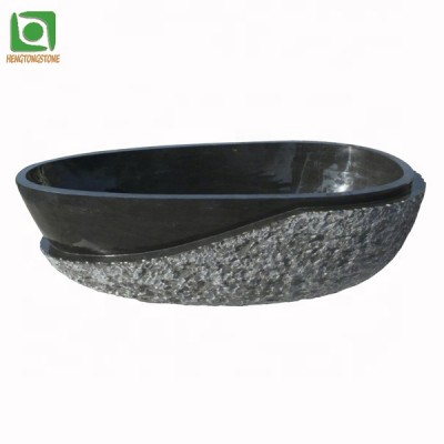 Hand Carved Solid Black Marble Oval Bathtub